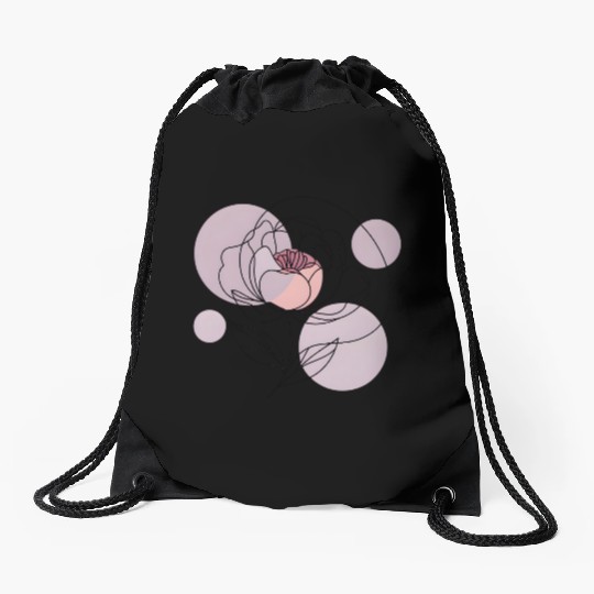 Elegant Line Art Rose with Soft Pastel Circles Drawstring Bags