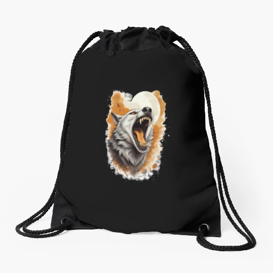 Howling Wolf Under Full Moon Drawstring Bags