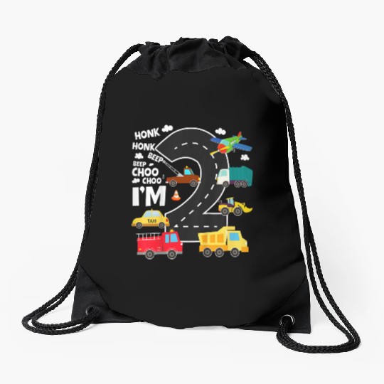 Kids Birthday 2 Traffic Vehicles Number Two Design Drawstring Bags