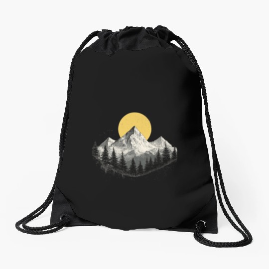 Mountain Silhouette with Full Moon Drawstring Bags