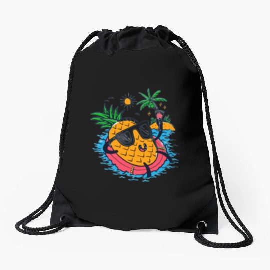 Tropical Pineapple Relaxing on Float Drawstring Bags