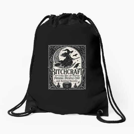 Witch Flying on Broomstick with Crows Drawstring Bags