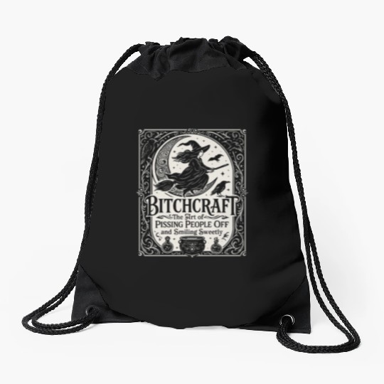 Witch Flying on Broomstick with Crows Drawstring Bags