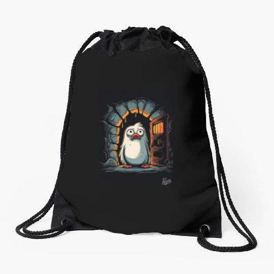 Whimsical Penguin in Secret Cave Drawstring Bags