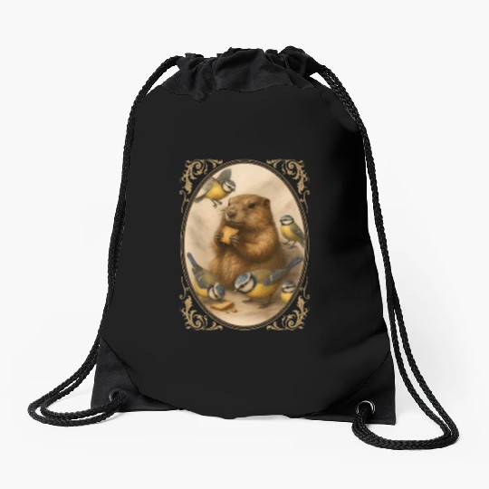 Marmot groundhog cute animal eating with birds Drawstring Bags