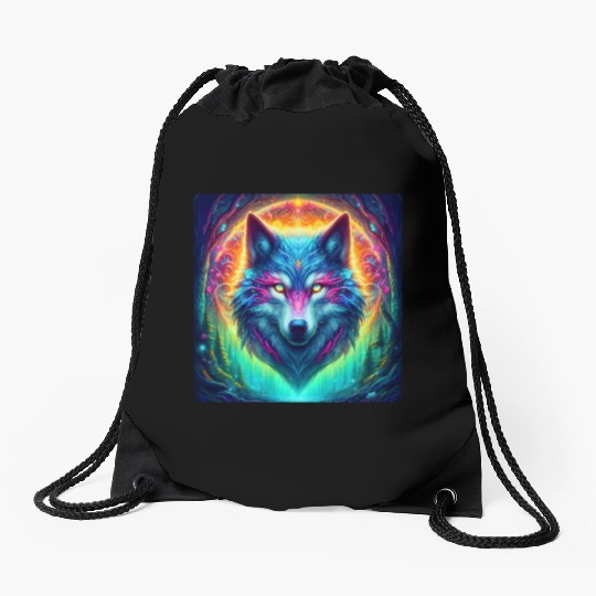 Mystic Luminescent Wolf Artwork Drawstring Bags