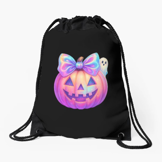 Glowing Halloween Pumpkin with Iridescent Bow Drawstring Bags