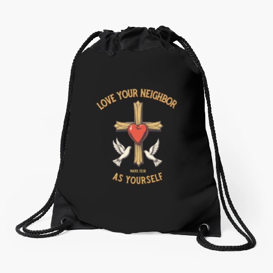 Love Your Neighbor Cross Illustration bible verse Drawstring Bags