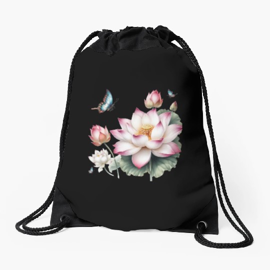 Light Pink Lotus and Butterflies  Drawstring Bags