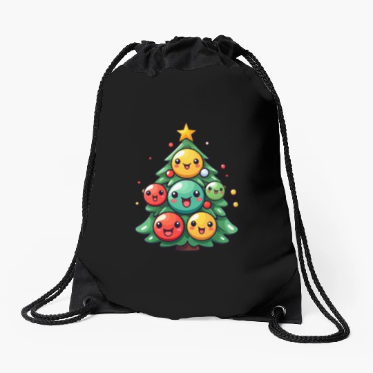 Kawaii Christmas Tree with Chibi Ornaments Drawstring Bags