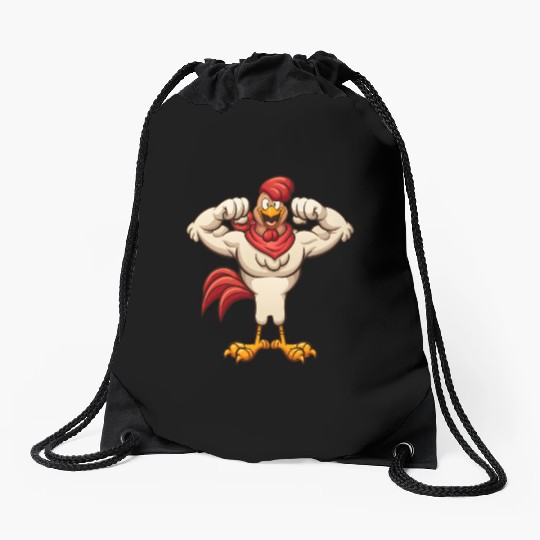 Bold Muscular Chicken Character Design Drawstring Bags