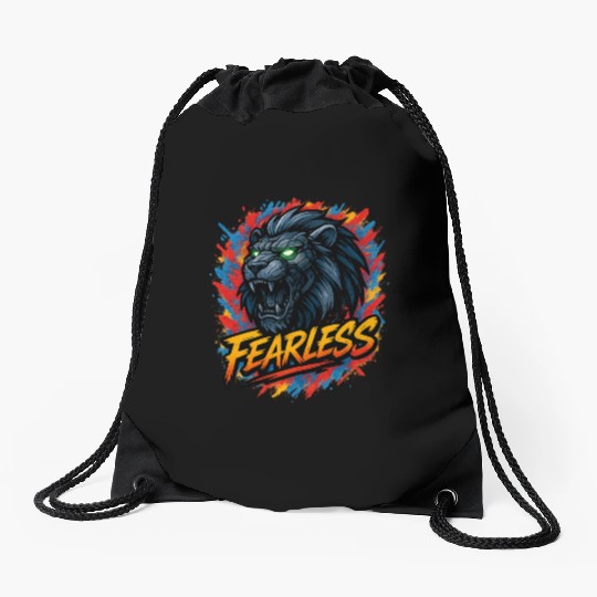 Fearless Lion with Neon Eyes Design Drawstring Bags