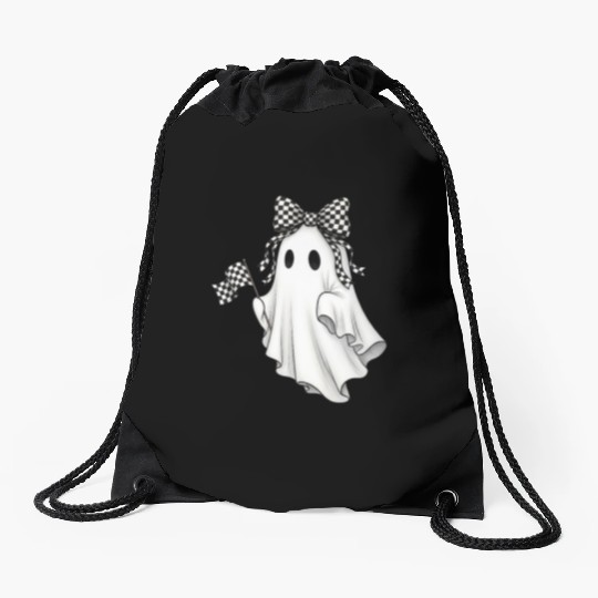 Ghost Boo Checkered Bow Race Day Racing Flag Racer Drawstring Bags