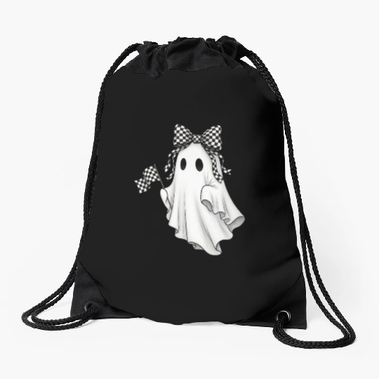 Ghost Boo Checkered Bow Race Day Racing Flag Racer Drawstring Bags