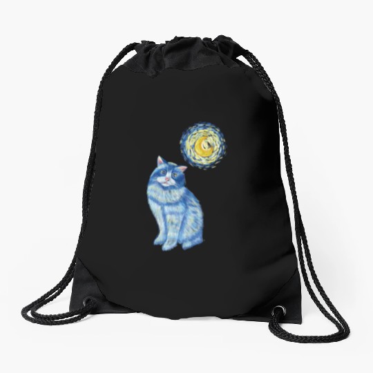 Blue Van Gogh Starry Night Ragdoll Cat Graphic Drawstring Bags
