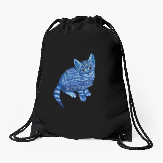 Blue Van Gogh Starry Night Bengal Cat Illustration Drawstring Bags