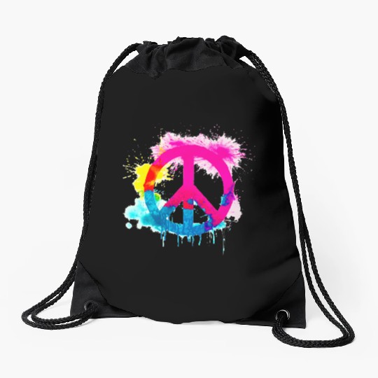 Peace sign neon colors groovy spray paint splatter Drawstring Bags