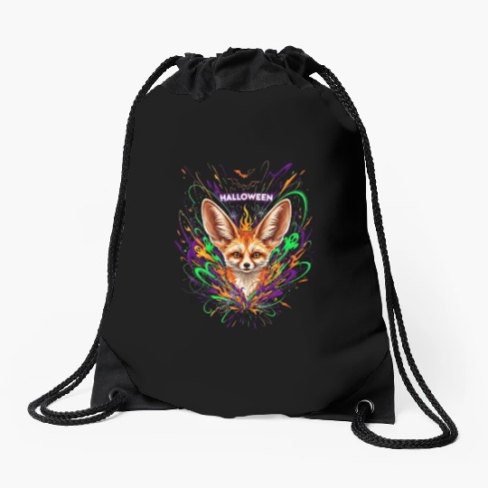 Halloween Fox with Psychedelic Fireworks Drawstring Bags