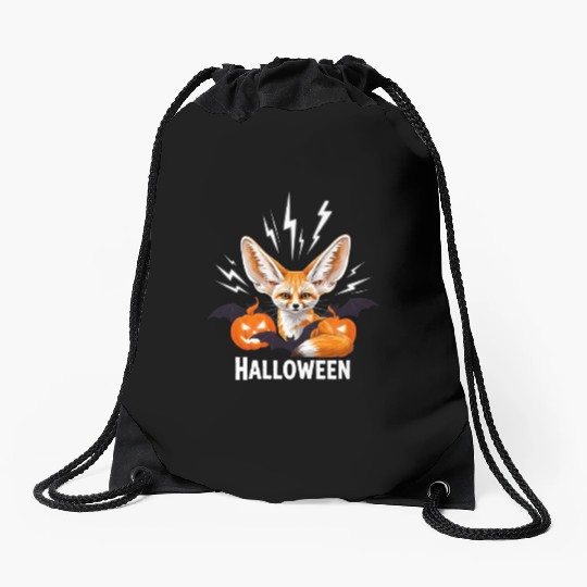 Whimsical Halloween Fox with Bat Wings Drawstring Bags
