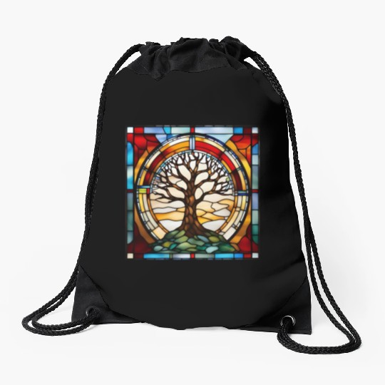 Stained Glass Tree of Life Artwork Drawstring Bags