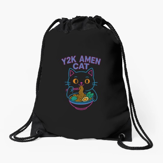 Y2K Ramen Cat – Retro Neon Anime Noodle Lover Desi Drawstring Bags