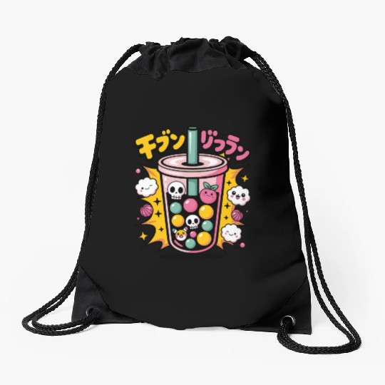Kawaii Skull Bubble Tea Design Drawstring Bags