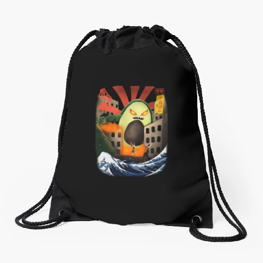 Giant Avocado Kaiju Monster Attack Urban City Drawstring Bags