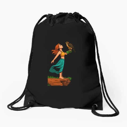 Woman with Hawk on Arm in Nature Scene Drawstring Bags
