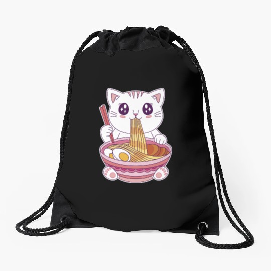 Cute Kawaii Cat Eating Ramen  Drawstring Bags