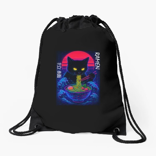 Neon Black Cat Ramen Art Drawstring Bags