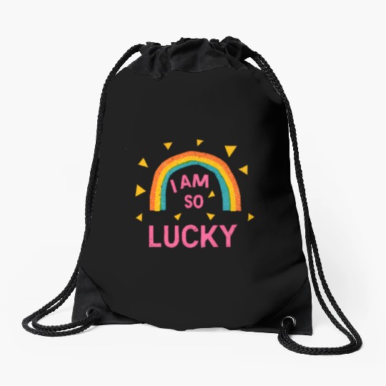 Colorful Lucky Rainbow Affirmation Design Drawstring Bags