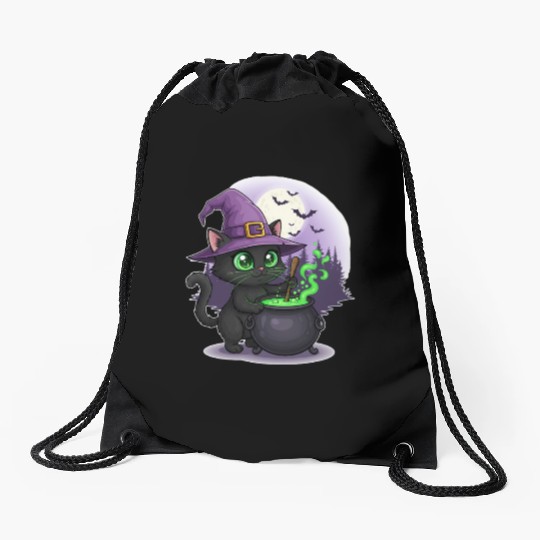 Enchanting Witch Cat Under Full Moon Drawstring Bags