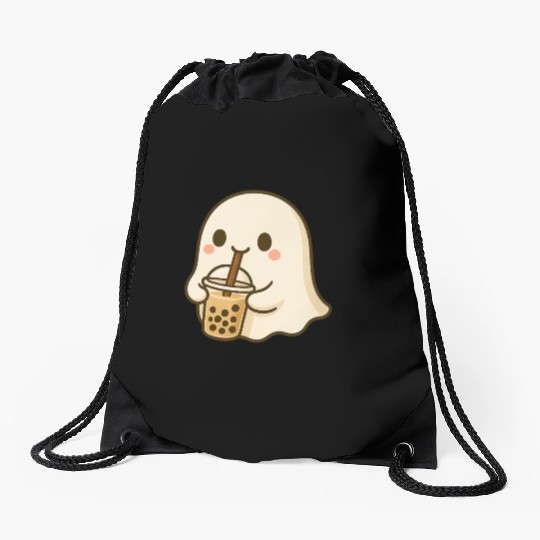 Cute Ghost with Bubble Tea Design Drawstring Bags