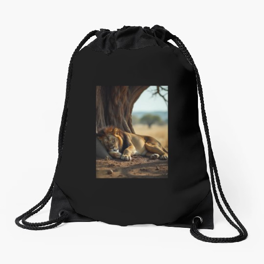 Serene African Lion Resting Scene Drawstring Bags