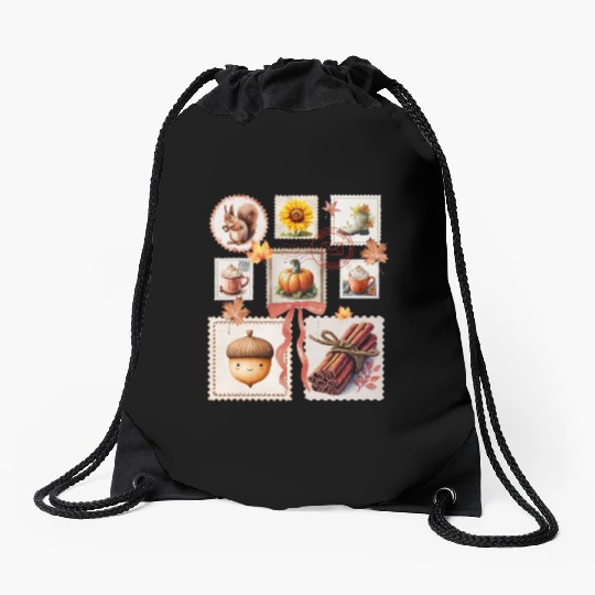 Watercolor Autumn Postage Stamps Fall Vibes Autumn Drawstring Bags