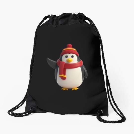 Festive Penguin in Winter Gear Drawstring Bags