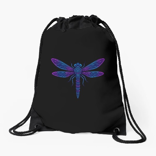 Neon Mythical Dragonfly Illustration Drawstring Bags