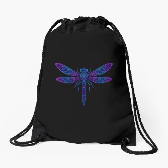 Neon Mythical Dragonfly Illustration Drawstring Bags