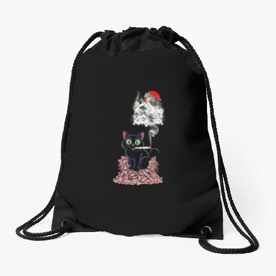 Black Cat Smoking Cigarette Catzilla Drawstring Bags