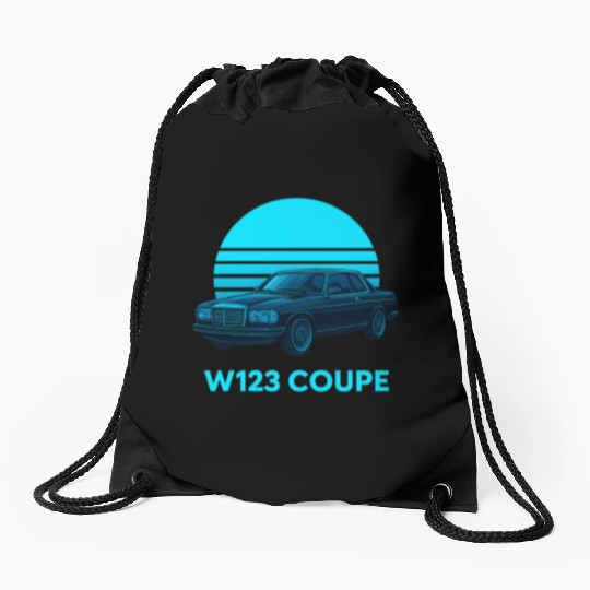 Black W123 Coupe – Neon Retro 80s Style Automotive Drawstring Bags