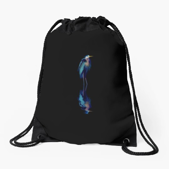Great Blue Heron Stands Reflected Drawstring Bags