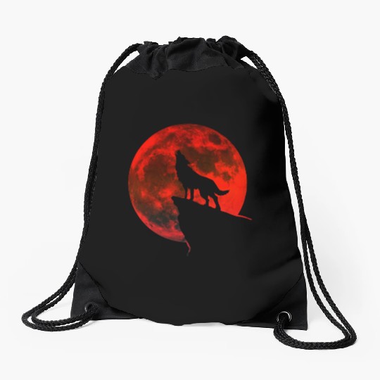 Howling wolf full blood moon space galaxy gift dog Drawstring Bags