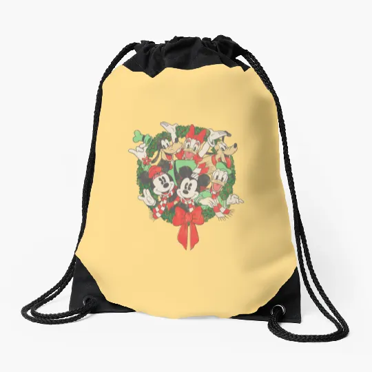 Vintage Disney Mickey and Friends Group Shot Christmas Wreath Retro Drawstring Bags