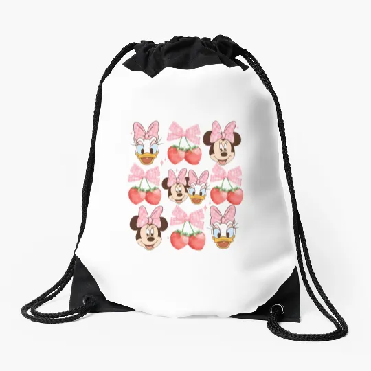 Vintage Minnie And Daisy Pink Bow Drawstring Bags, Disney Coquette Strawberry Drawstring Bags