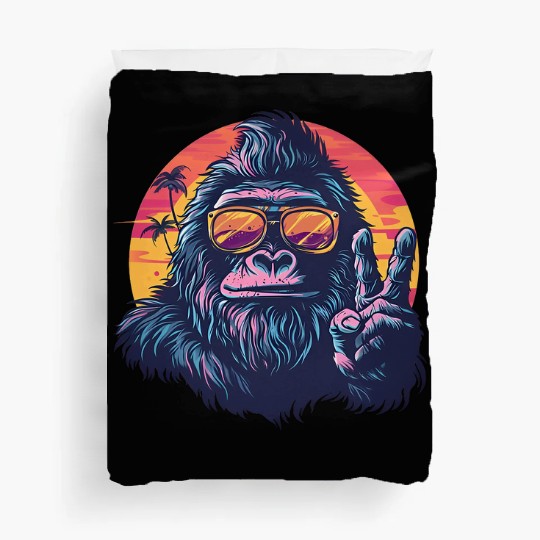 Gorilla on Vacation with a Sunset Peace Sign Duvet Covers