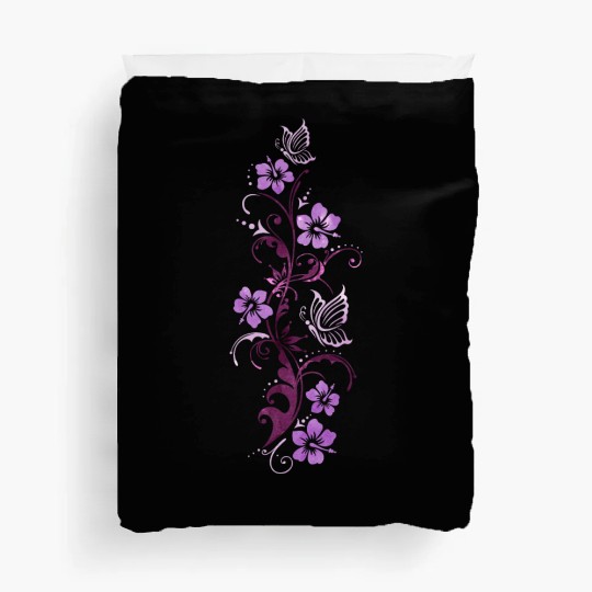 Tendril with hibiscus and butterflies, watercolor Duvet Covers