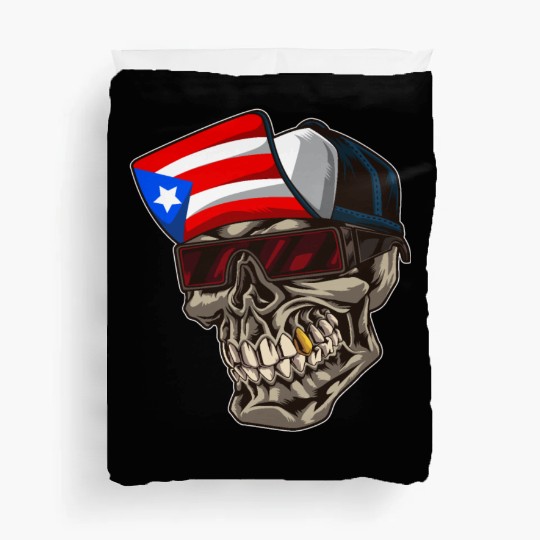 Cool Puerto Rico Skull With Cap and Boricua Flag Duvet Covers