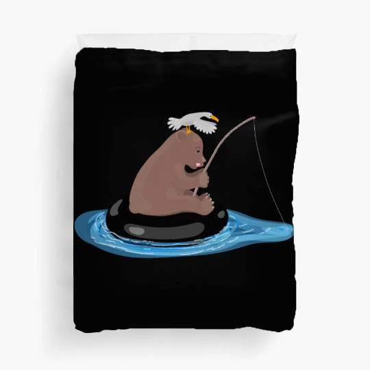 Cute bear cub fishing cartoon illustration Duvet Covers