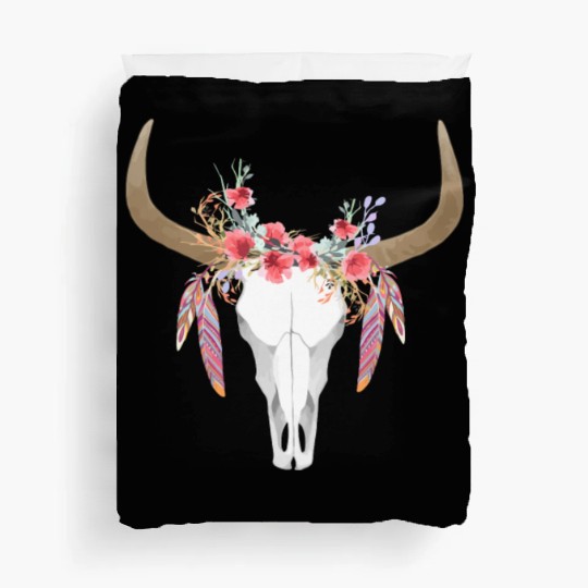 Floral Cow Skull With Feathers Bull Skull Duvet Covers