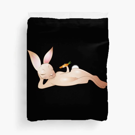 Relaxed rabbit with carrot is enjoying his life Duvet Covers